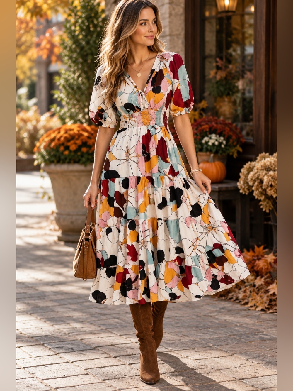Anthropology Conditions Apply Floral V-Neck Tiered Midi Dress 100% cotton Medium